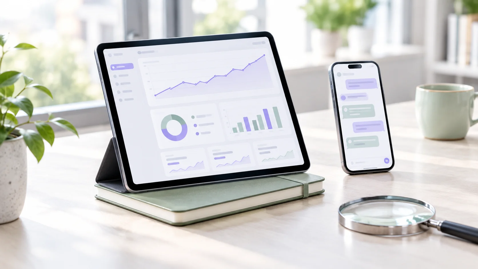 Tablet con gráficos de análisis web que representan la visibilidad de un sitio en respuestas de inteligencia artificial