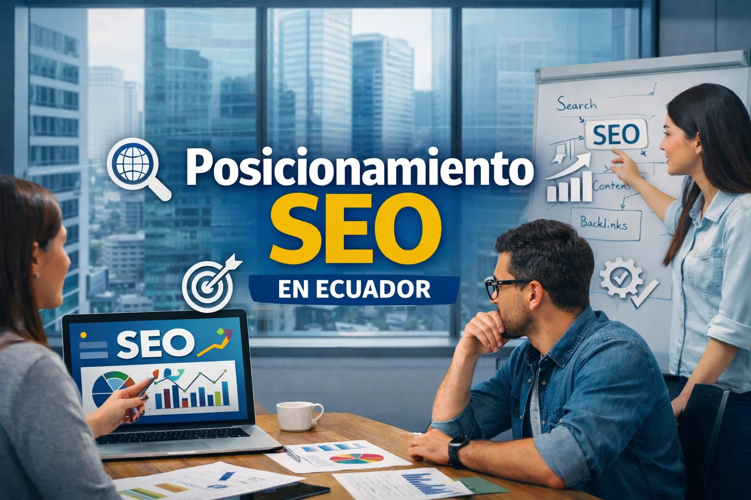 Equipo trabajando en estrategias de posicionamiento SEO en Ecuador